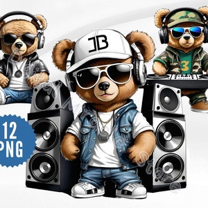 Musik-Teddybär, DJ-Teddybär, Musik-Clipart, Teddybär mit Kopfhörern, cooler Teddybär PNG, Hip-Hop-Teddybär, Gangster-Teddybär