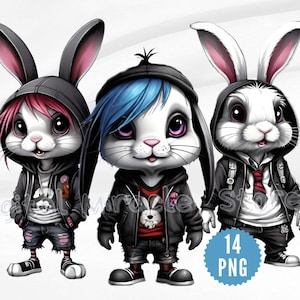 Emo Bunny PNG, Bunny Clipart, Conejo Emo, Conejito Gótico, Conejito Punk, Conejito Divertido, Conejito Urbano, Sublimación de Conejito, Conejito en Ropa