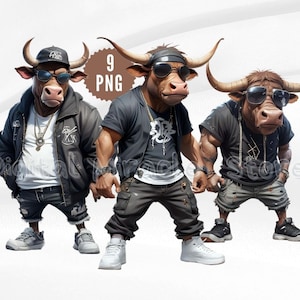 Cool Bull, Hip Hop Bull, Cartoon Bull, Funny Bull, Funny Farm Animal, Bull in Sunglasses, Bull Sublimation, Bull Clipart, Gangster Bull