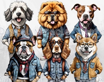 Hipster Dogs, Funny Dog Clipart, Dogs in Clothing, Dogs wearing Glasses, Urban Dog, Trendy Dog Art, Funny Golden Retriever, Funny Beagle