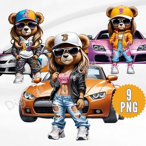 Meisjesteddybeer met auto, vrouwelijke hiphopberen, teddybeer met geld, vrouwelijke teddybeer, hiphopbeer, teddybeergraffiti, stadsmeisjes