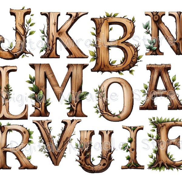 Wood Alphabet PNG, Rustic Font, Wood Letters PNG, Wood Font, Boho Alphabets, Forest Alphabet, Woodland Alphabet, Wood ABC, Rustic Letters