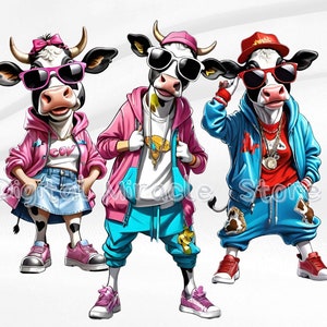 May include: Three cartoon cows wearing sunglasses and stylish clothing. One cow is wearing a pink jacket, a blue skirt, and a pink hat with a bow. Another cow is wearing a blue jacket, blue pants, and a black and white baseball cap. The third cow is wearing a blue jacket, blue pants, and a black and white baseball cap.