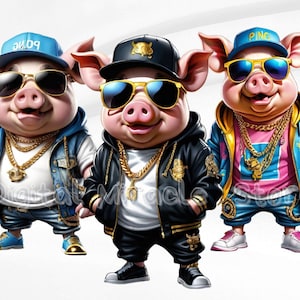 May include: Three cartoon pigs wearing sunglasses, hats, and gold chains. The pig on the left is wearing a blue denim jacket, the pig in the middle is wearing a black leather jacket, and the pig on the right is wearing a blue and yellow jacket.