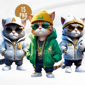 Cat Hip Hop PNG, Urban Cat, Cool Cats, Hipster Cats, Gangster Cat PNG, Cats with Sunglasses, Funny Cat, Cartoon Cat, Cat in a Jacket
