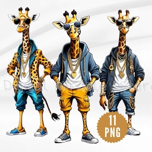 Funny Giraffe Clipart, Giraffe with Sunglasses, Giraffe Sublimation Designs, Safari Animals PNG, Giraffe Digital Download, Hip Hop Giraffe