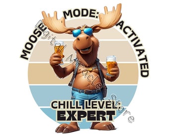 Elandmodus geactiveerd, grappig elandshirt digitale download, eland met bier, eland met zonnebril, coole eland PNG, cartoon eland in kleding