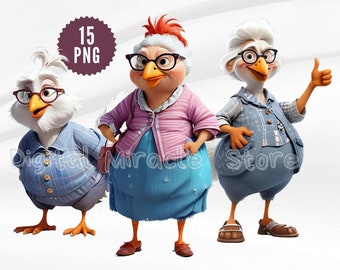 Grandma Chicken, Funny Chickens Clipart, Old Age Hen, Chicken with Glasses PNG, Crazy Chicken, Cool Chicken, Cartoon Chicken, Seasoned