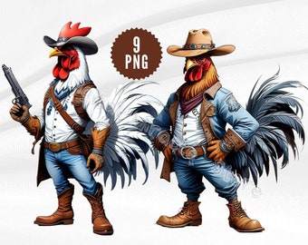 Cowboy Rooster Clipart, Funny Rooster PNG, Cowboy Chicken, Rooster in a Hat, Western Chicken, Country Rooster, Chicken Sublimation, Crazy