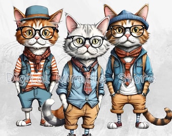 Hipster Cat, Hipster Animals, Retro Cat, Cat in the Hat, Cat Wearing Glasses, Cat Wearing a Sweater, Cat with Clothes, Funny Cat PNG