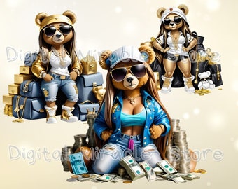 Girl Teddy Bear, Money Teddy Bear, Female Hip Hop Bears, Female Teddy Bear, Teddy Bear with Clothes, Urban Girl PNG, Teddy Bear Graffiti