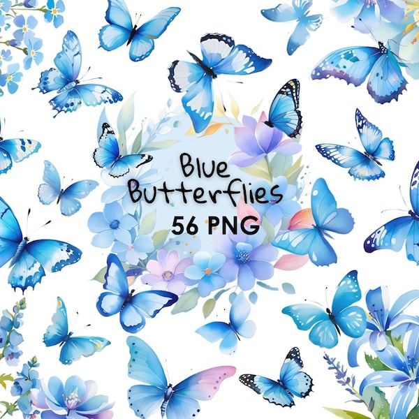 Blue Butterfly Clipart, Butterfly PNG, Butterfly Watercolor, Mariposas Clipart, Blue Flowers PNG,Butterflies Sublimation,Blue Floral Clipart