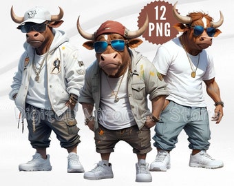 Cartoon Bull, Hip Hop Bull, Cool Bull, Funny Bull, Funny farm Animal, Bull in Sunglasses, Bull Sublimation, Bull Clipart, Coll Cow, Gangster