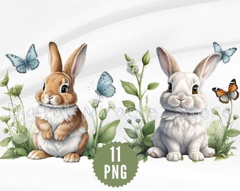 Bunny and Butterfly Clipart, Cute Bunny, Cute Rabbit Clipart, Easter Day PNG, Easter Bunny, Easter Clipart, Bunny Clipart, Digital Download