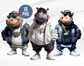 Hip Hop Hippo, Funny Hippo PNG, Cool Hippo with Sunglasses, Cartoon Hippo in Hoodie, Graffiti Hippo Clipart, Gangster Hippo Sublimation