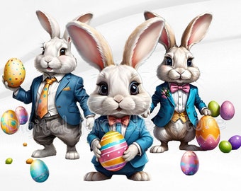 Bunny and Egg PNG, Easter Rabbit PNG, Easter Egg PNG, Easter Bunny, Bunny in a Suit, Bunny in Clothes, Easter Clipart, Bunny Clipart