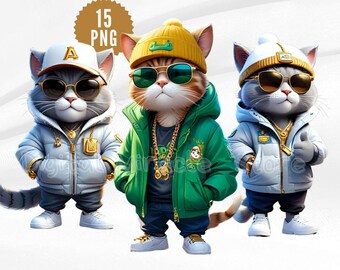 Katze Hip Hop PNG, Urban Cat, Coole Katzen, Hipster Katzen, Gangster Katze PNG, Katzen mit Sonnenbrille, Lustige Katze, Cartoon Katze, Katze in einer Jacke