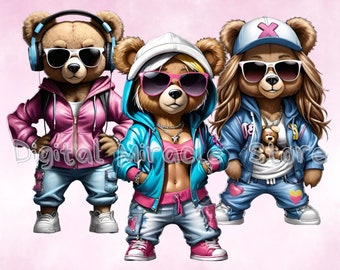 Girl Teddy Bear, Female Hip Hop Bears, Female Teddy Bear, Teddy Bear with Clothes, Urban Girl PNG, Hip Hop Teddy Bear, Teddy Bear Graffiti