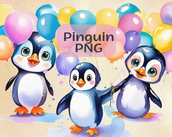 Penguin PNG, Cute Penguin Clipart, Penguin with Ballons Watercolor Clipart, Birthday Animal, Birthday Penguin, Birthday Baloons, Baloons PNG