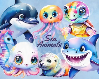 Sea Animals Clipart, Underwater Clipart, Sea Animals PNG, Cute, Fish PNG, Cute Sea Animals PNG, Ocean Clipart,Cute Shark png,Nursery Clipart