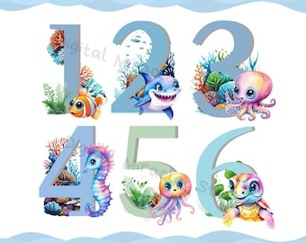 Ocean Numbers, Nautical Nursery, Ocean Font, Nautical Numbers, Underwater Nursery, Birthday Clipart PNG, Sea Aquarium Birthday Numbers