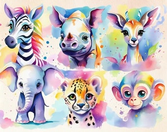 Cute Safari Animals Clipart, Safari Clipart, Printable Art Wall, Safari Nursery Decor, Jungle Safari, Baby Safari PNG, Baby Jungle Animal