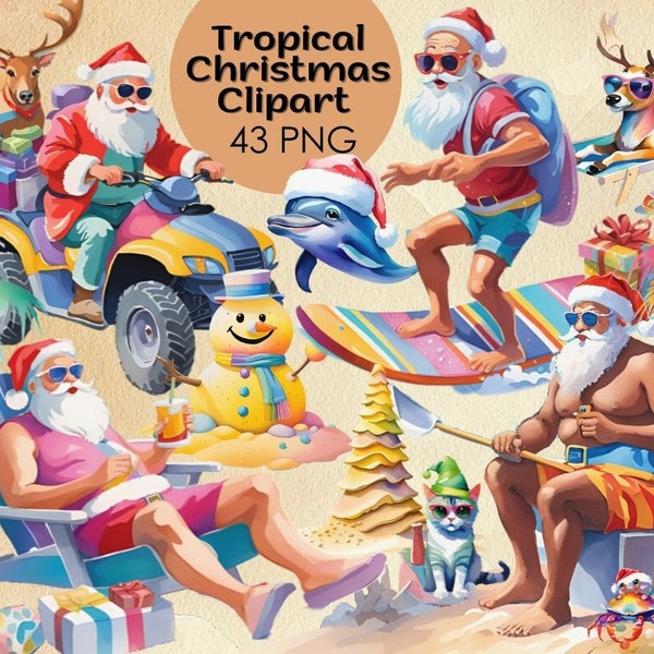 Noël tropical PNG, Noël de plage, Noël d’été, Noël tropical, Père Noël de plage, Noël en juillet, Bonhomme de neige de plage, Père Noël surf