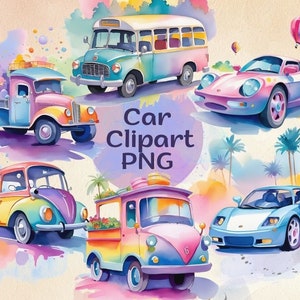 Car Clipart, Cute Car PNG, Watercolor Cars, Vintage Vehicles, Vintage Vehicles, Transport Clipart, Vehicle Clipart, Car Clip Art, Watercolor