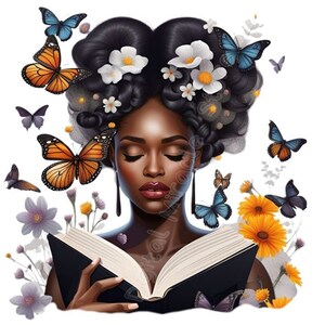 Black Woman Butterfly, Black Woman with Flower Head, Beautiful Black Woman PNG, Afro Woman PNG, Black Woman Butterfly, Brown Girl PNG