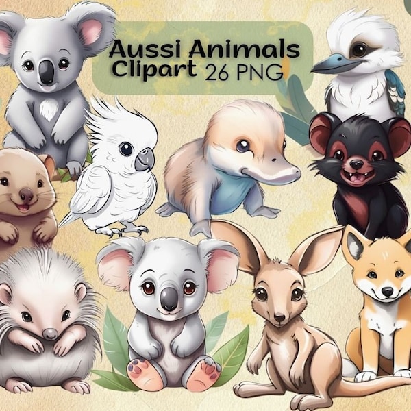 Aussie Animals, Baby Australian Animals PNG, Australian Birthday Digital, Outback Animals, Wombat Clipart, Kangaroo, Koala, Echidna, Quokka