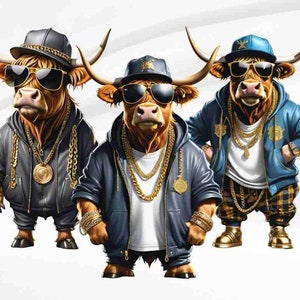 May include: Three cartoon bulls wearing sunglasses, hats, and gold chains. The bulls are wearing different colored clothing, including a blue jacket, a black jacket, and a blue and white plaid shirt.