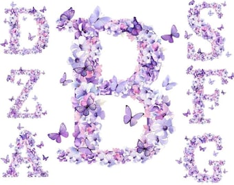 Blumenbuchstaben PNG, Lila Blumen Alphabet PNG, Blumenschrift PNG, Botanisches Alphabet, Blumenalphabet, Blumenbuchstaben, Schmetterlingsalphabet