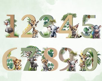 Safari Zahlen PNG, Dschungel Clipart, Safari Tiere, Zahlen Clipart, Safari Kinderzimmer Dekor, Baby Safari PNG, Dschungel Tier Clipart