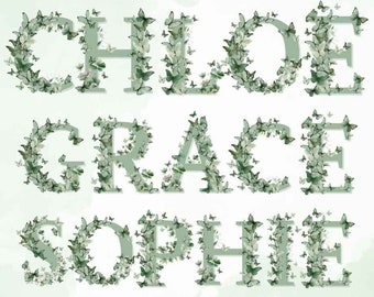 Sage Green Alphabet PNG, Green Letters, Butterfly Alphabet, Flower Alphabet, Butterfly Font PNG, Digital Alphabets, Floral Letter