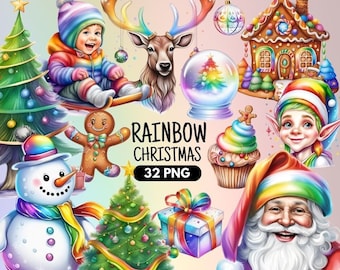 Rainbow Christmas PNG, Rainbow Christmas Clipart, Rainbow Xmas, Merry and Bright PNG, Colourful Christmas, Whimsical Christmas Clipart