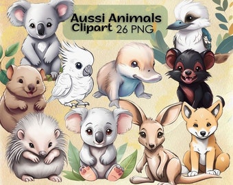 Aussie Animals, Baby Australian Animals PNG, Australian Birthday Digital, Outback Animals, Wombat Clipart, Kangaroo, Koala, Echidna, Quokka
