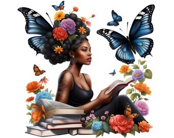 Black Woman Reading PNG, Reading Black Girl, Bookworm Black Girl, Melanin Black Girl, African American Clipart, Black Girl Magic Clipart