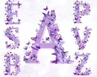 Butterfly Alphabet PNG, Butterfly Letters, Butterfly Clipart, Butterfly ABC, Flower Alphabet, Purple Butterflies Png, Butterfly Font PNG