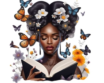 Black Woman Butterfly, Black Woman with Flower Head, Beautiful Black Woman PNG, Afro Woman PNG, Black Woman Butterfly, Brown Girl PNG