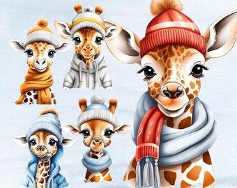 Winter Giraffe Clipart Bundle, Watercolor Giraffe Clipart, Cool Giraffe, Cute Giraffe Clipart, Giraffe PNG, Safari Animals