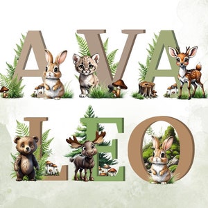 Alfabeto del bosco, alfabeto della foresta, clipart di animali del bosco, simpatici animali del bosco, lettere di animali, vivaio ABC del bosco, foresta incantata