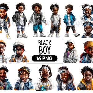 May include: Digital illustrations of 16 Black boys with different hairstyles, clothing, and expressions. The illustrations are in a cartoon style and are set against a white background. The text "BLACK BOY" and "16 PNG" are at the bottom of the image.