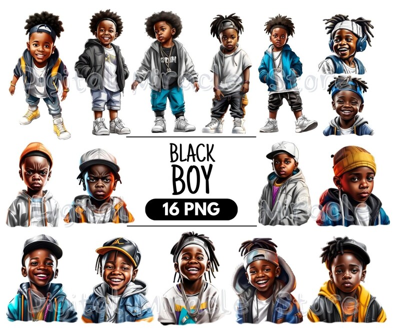 May include: Digital illustrations of 16 Black boys with different hairstyles, clothing, and expressions. The illustrations are in a cartoon style and are set against a white background. The text "BLACK BOY" and "16 PNG" are at the bottom of the image.