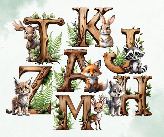 Woodland Alphabet, Forest Alphabet, Woodland Animals Clipart, Cute Woodland Animals, Animals Letters, Woodland ABC Nursery, Enchanted Forest