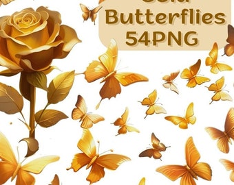 Mariposas de oro PNG, imágenes prediseñadas de mariposa de oro, PNG de mariposa, imágenes prediseñadas de mariposa, paquete de imágenes prediseñadas de mariposa, oro, flor, mariposas para imprimir