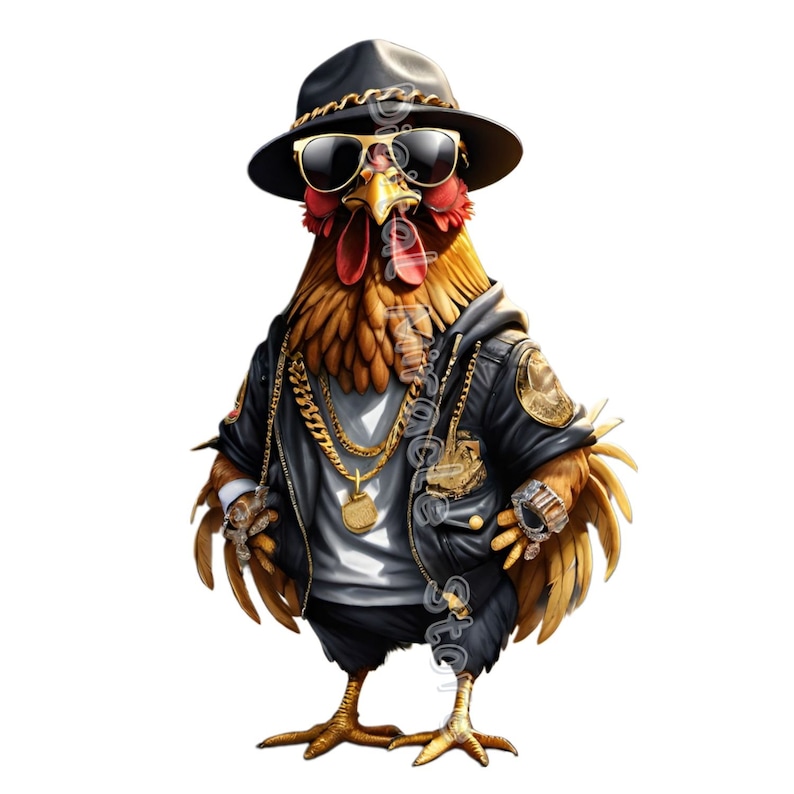 May include: A cartoon rooster wearing a black leather jacket, a gold chain, a black hat, and sunglasses. The rooster has a gold watch on its wrist.