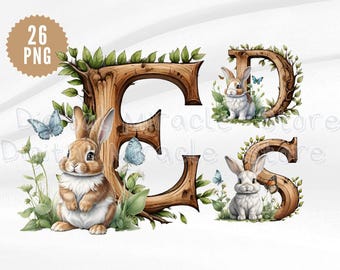 Bunny Alphabet, Butterfly Alphabet, Wood Letters PNG, Wood Font, Boho Alphabets, Forest Alphabet, Woodland Alphabet, Rustic Letters