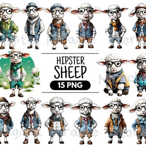 May include: A set of 15 digital illustrations of hipster sheep wearing various outfits and accessories. The sheep are all white with black eyes and noses. They are wearing clothing such as jeans, shirts, vests, and hats. The text "Hipster Sheep 15 PNG" is at the top of the image.