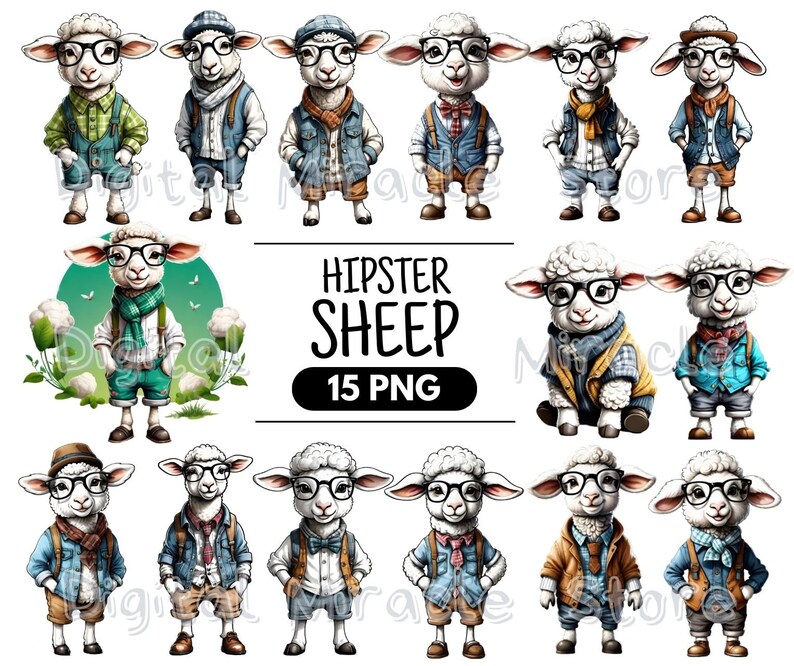 May include: A set of 15 digital illustrations of hipster sheep wearing various outfits and accessories. The sheep are all white with black eyes and noses. They are wearing clothing such as jeans, shirts, vests, and hats. The text "Hipster Sheep 15 PNG" is at the top of the image.