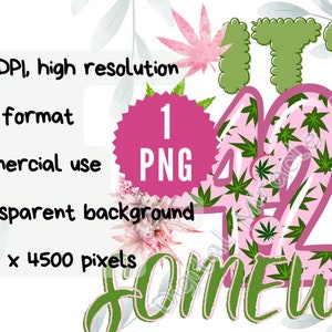 Op de afbeelding: Roze en groene digitale grafische vormgeving met de tekst "It's 420 Somewhere".